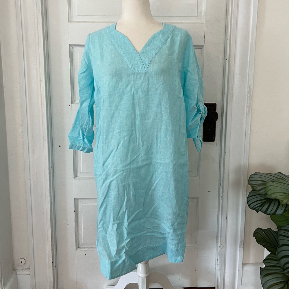Foxcroft | 100% Linen Aqua Peasant Dress